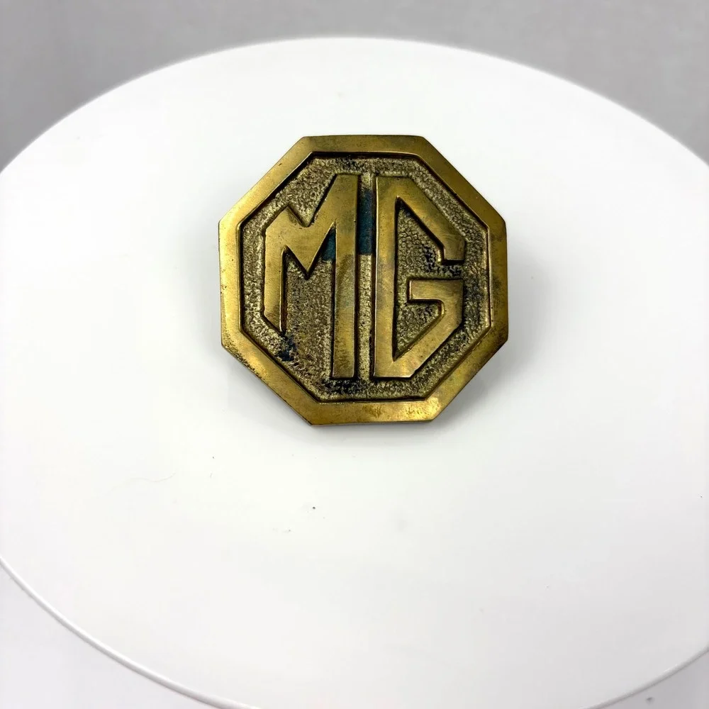 Vintage MG Motor Cars Solid Brass Belt Buckle Octagon Logo Automotive Accessory